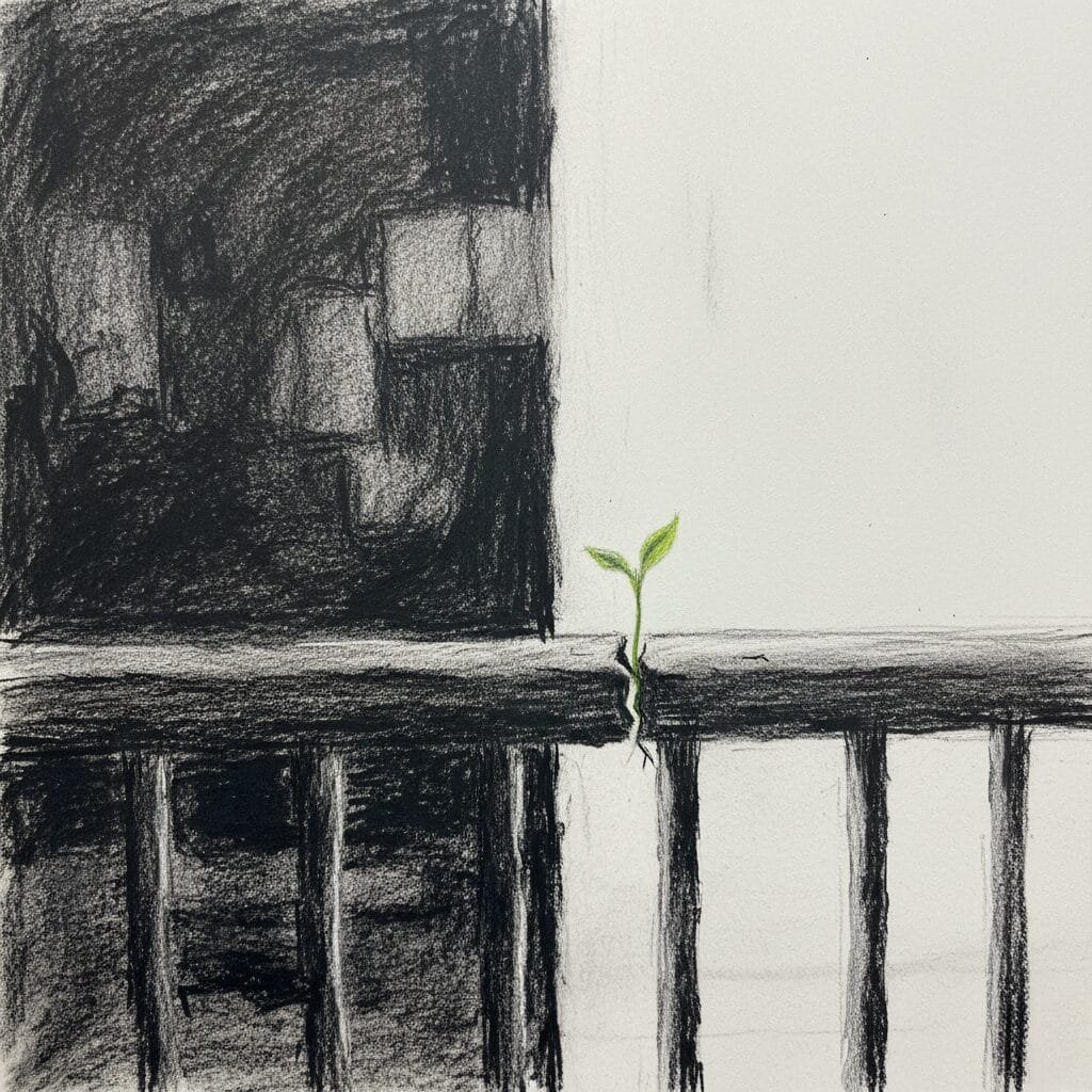 dessin d'une rambarde de pont. D'un côté, tout est sombre, esquissé au fusain.