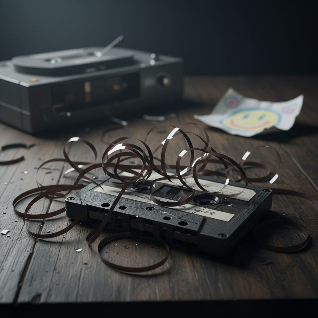  Une cassette audio dont la bande magnétique est complètement déroulée, emmêlée et nouée. 