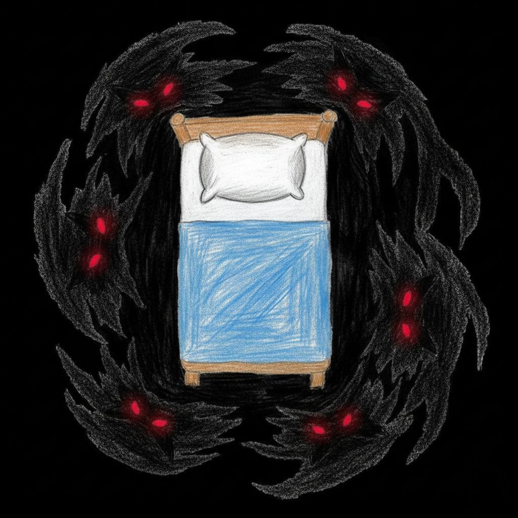 Un dessin très simple, presque enfantin, d'un lit vu de haut. Autour du lit, des formes sombres et mouvantes qui ne sont pas tout à fait des loups, avec juste deux ou trois paires d'yeux rouges vifs qui brillent dans le noir ce qui représente un traumatisme de l'enfance